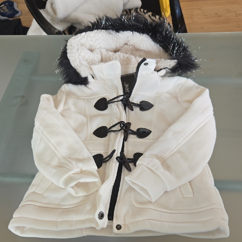 Me Jane Cream Hooded Toggle Pea Coat with Black Trim
